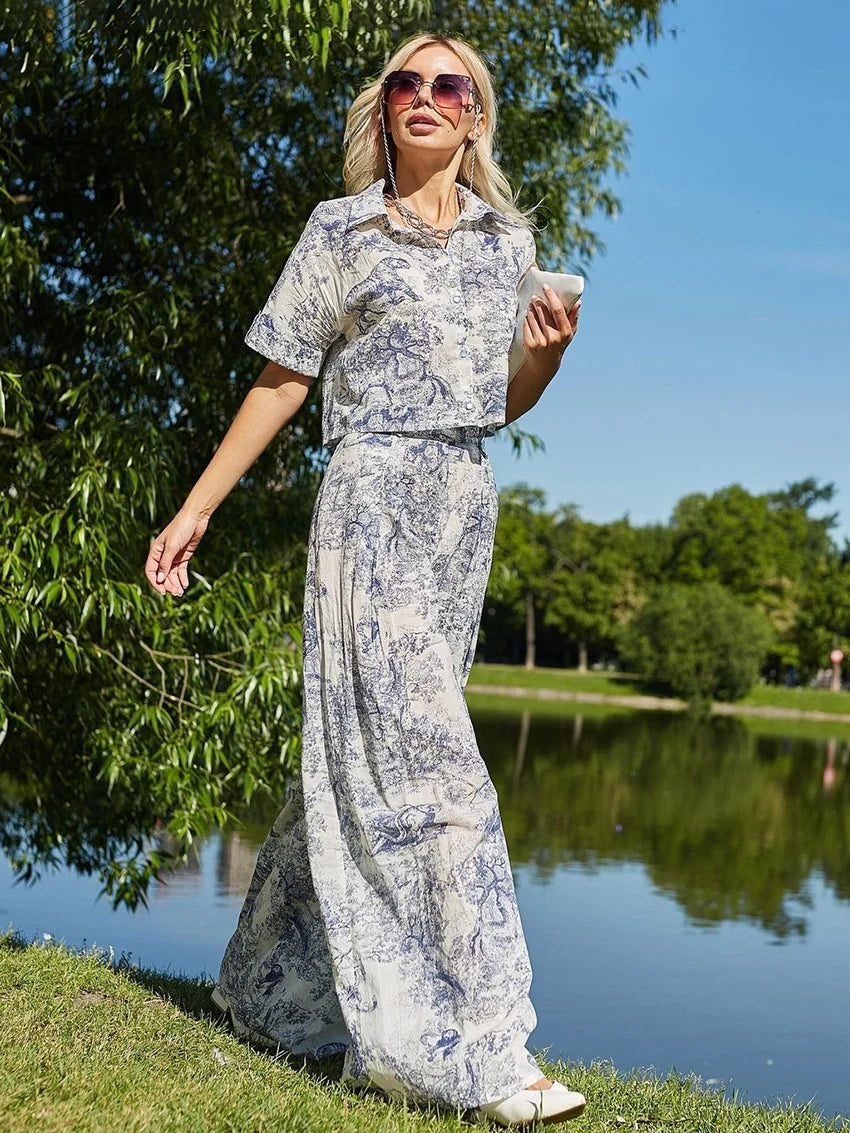 Ensemble Pyjama Femme Imprimé Bleu/Gris – Chemise & Pantalon Fluide