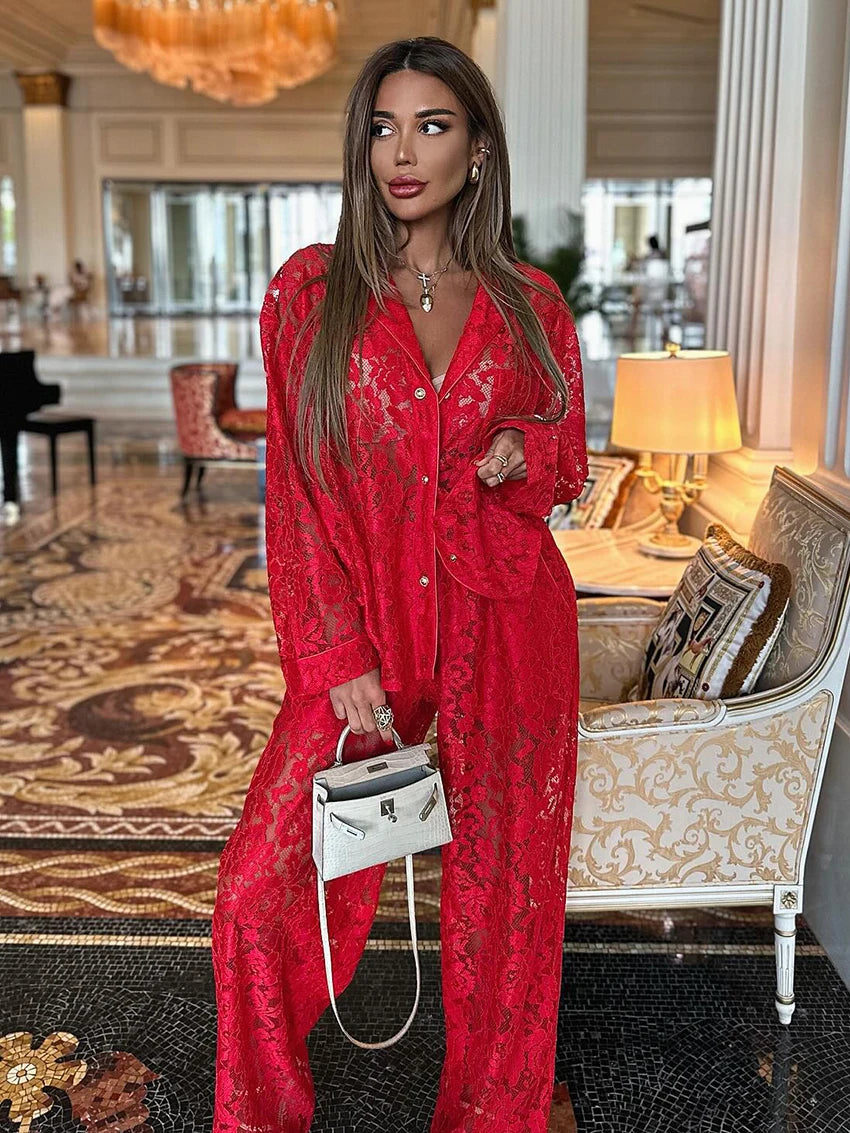 Pyjama Femme Brocart Chic – Ensemble 2 Pièces Col Rabattu & Pantalon Large