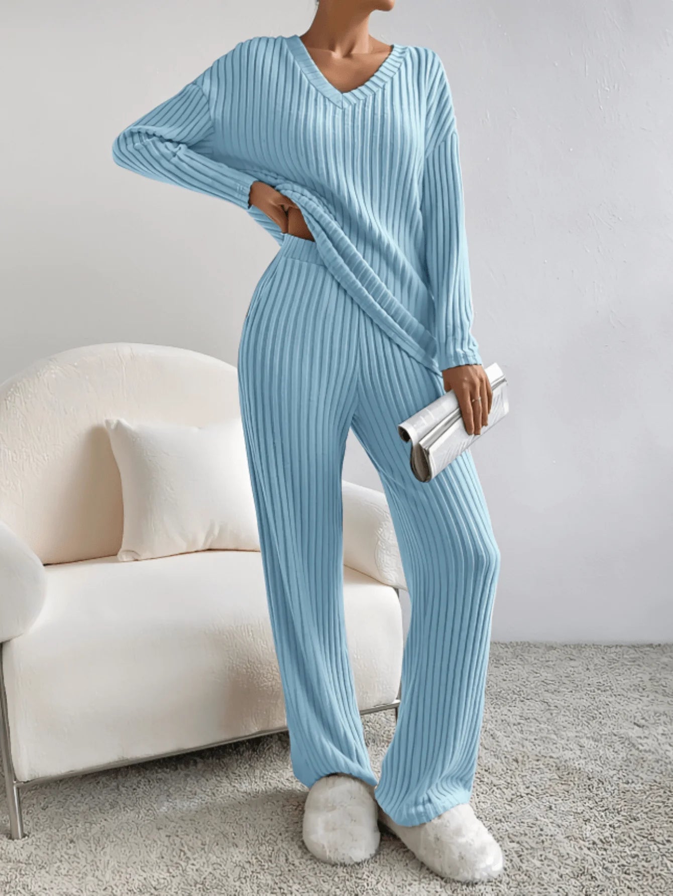 Ensemble Pyjama Femme Col V – Manches Longues & Pantalon Long