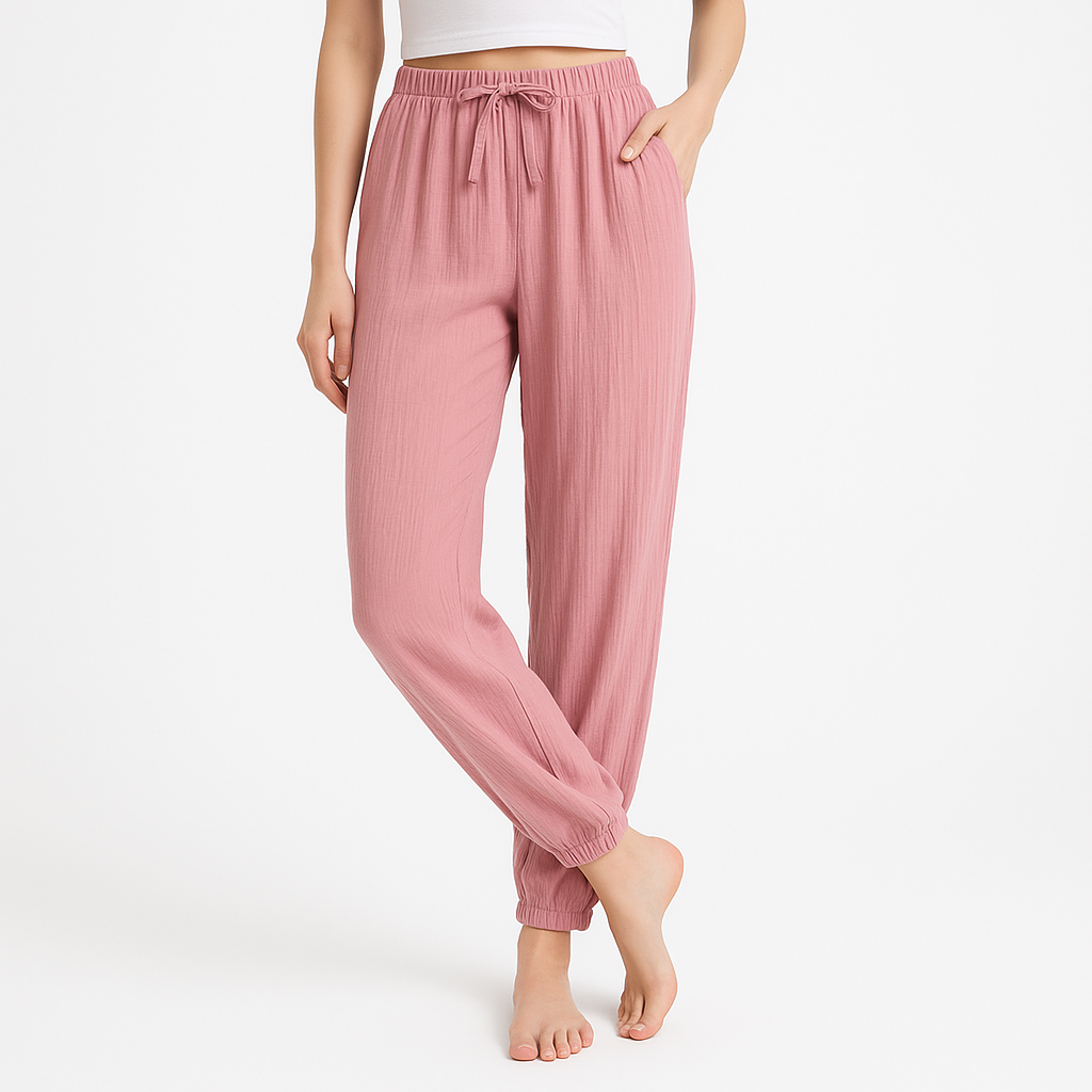 Pantalon Pyjama Femme Coton Crêpe – Taille à Cordon, Coupe Fluide