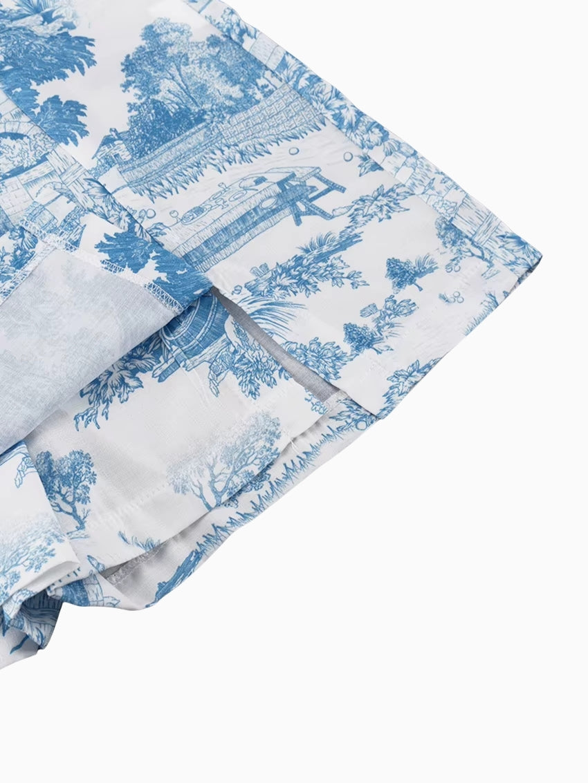 Ensemble Pyjama Femme Imprimé Bleu – Chemise, Top Triangle & Short 3 Pièces