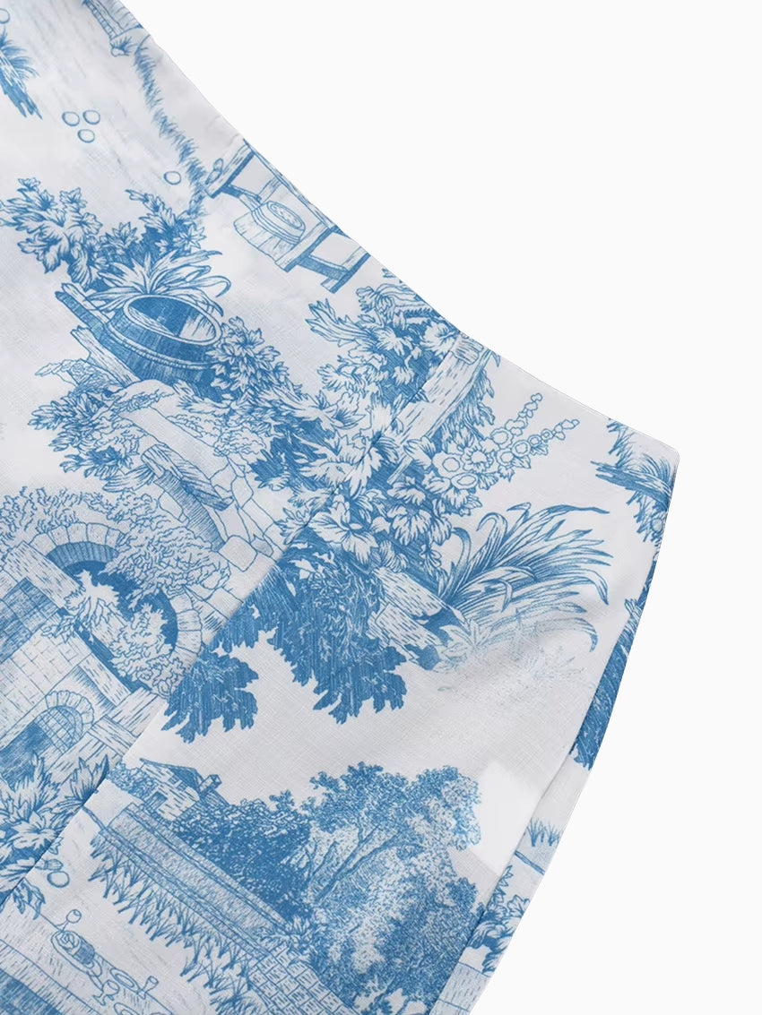 Ensemble Pyjama Femme Imprimé Bleu – Chemise, Top Triangle & Short 3 Pièces