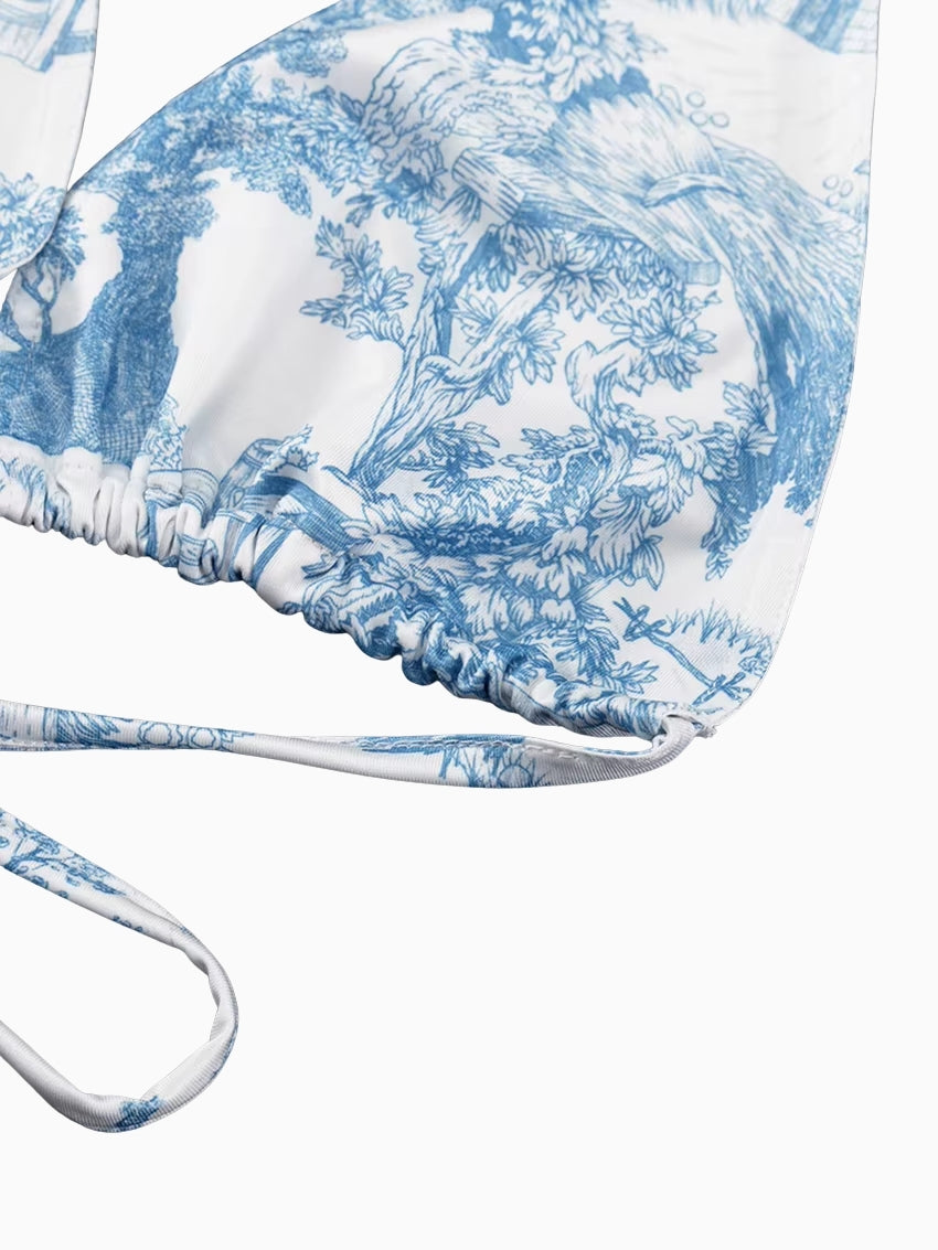 Ensemble Pyjama Femme Imprimé Bleu – Chemise, Top Triangle & Short 3 Pièces