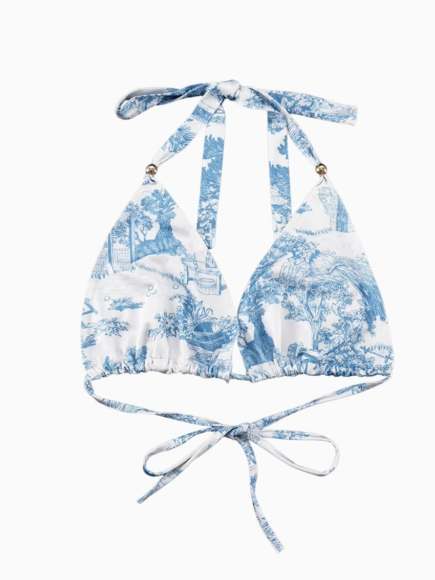 Ensemble Pyjama Femme Imprimé Bleu – Chemise, Top Triangle & Short 3 Pièces