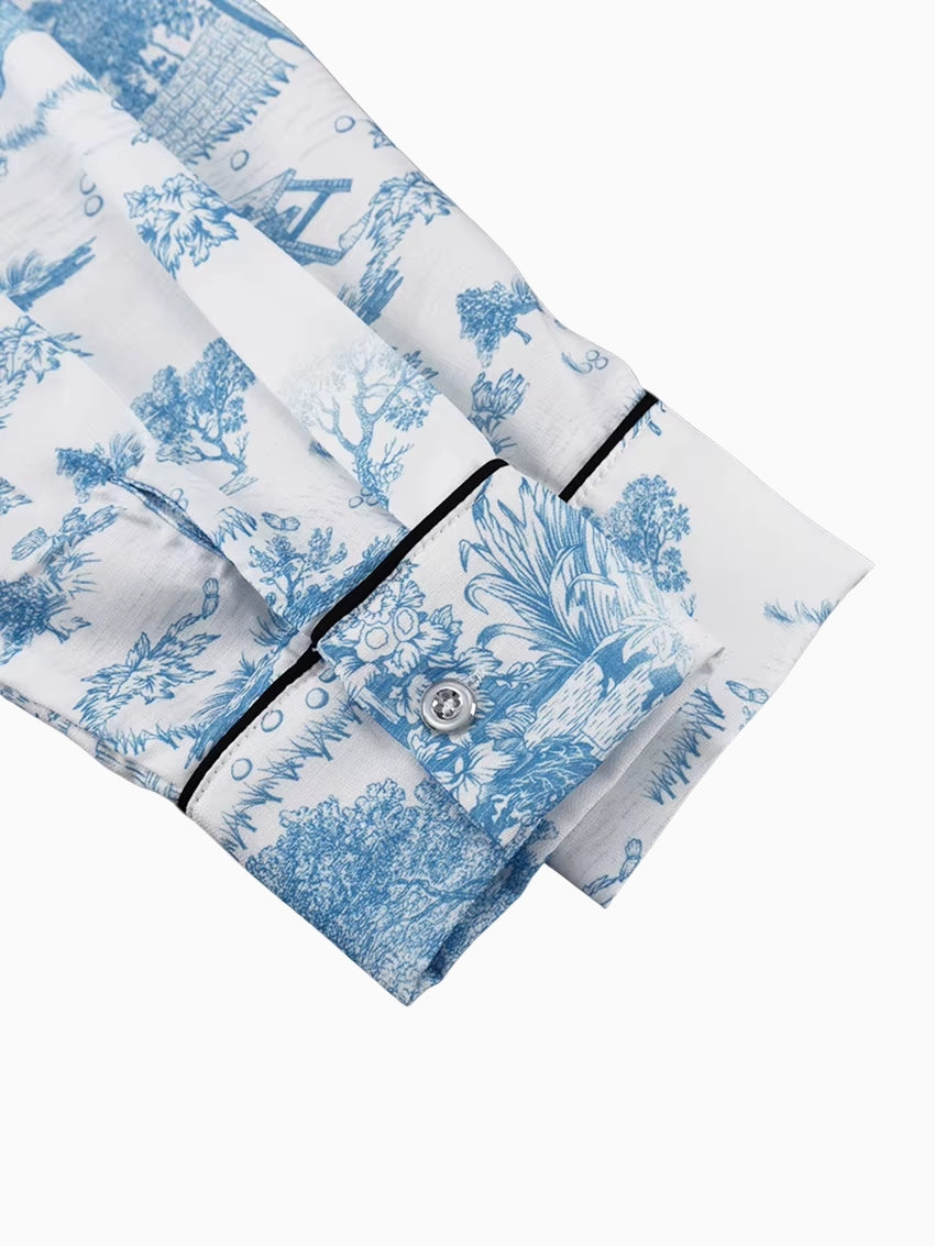 Ensemble Pyjama Femme Imprimé Bleu – Chemise, Top Triangle & Short 3 Pièces