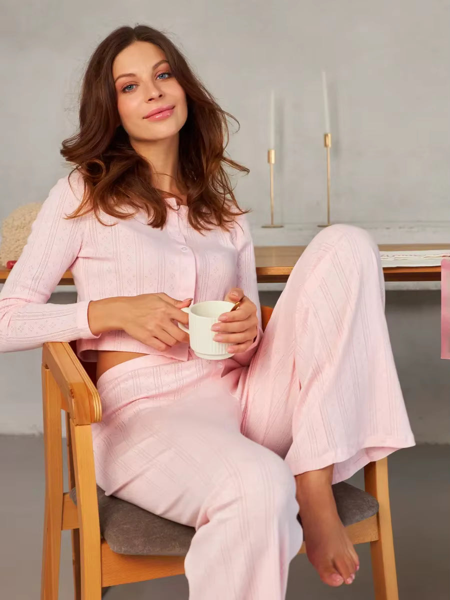 Ensemble Pyjama Femme Uni – Haut Manches Longues & Pantalon Fluide