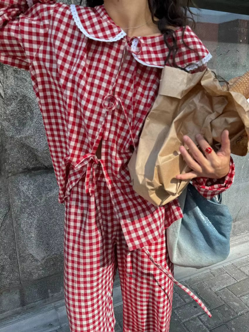 Pyjama Femme Carreaux Rouges – Ensemble Chemise à Revers & Pantalon Ample