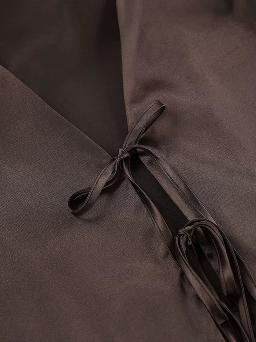 Ensemble Pyjama Femme Satiné Marron – Col V & Pantalon Fluide (Polyester Spandex)