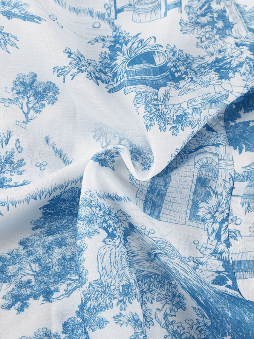 Ensemble Pyjama Femme Imprimé Bleu – Chemise, Top Triangle & Short 3 Pièces