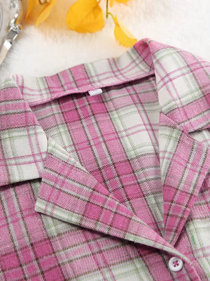 Pyjama Femme Carreaux Rose – Ensemble Hiver à Carreaux Coton & Polyester