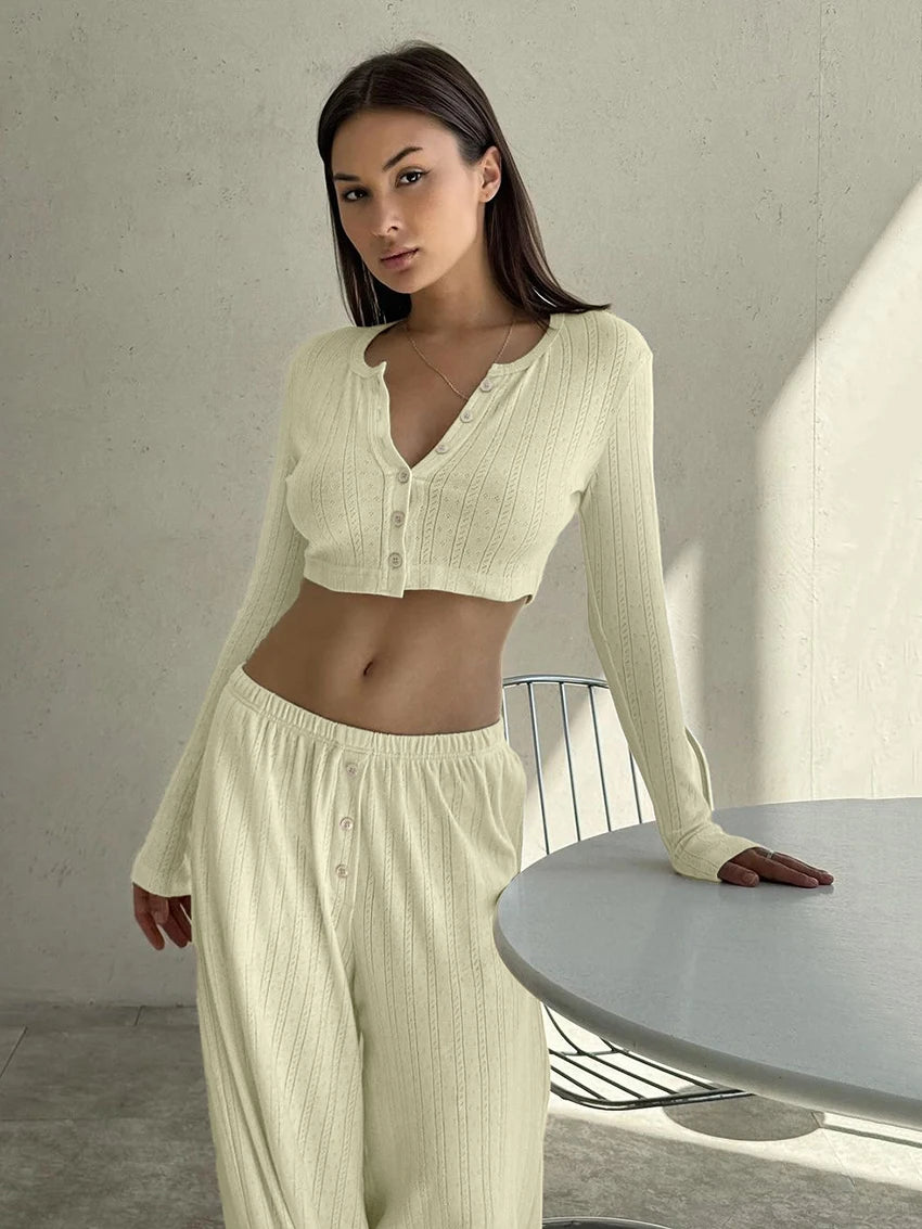 Pyjama Femme Manches Longues – Ensemble Pantalon Fluide Coton Polyester