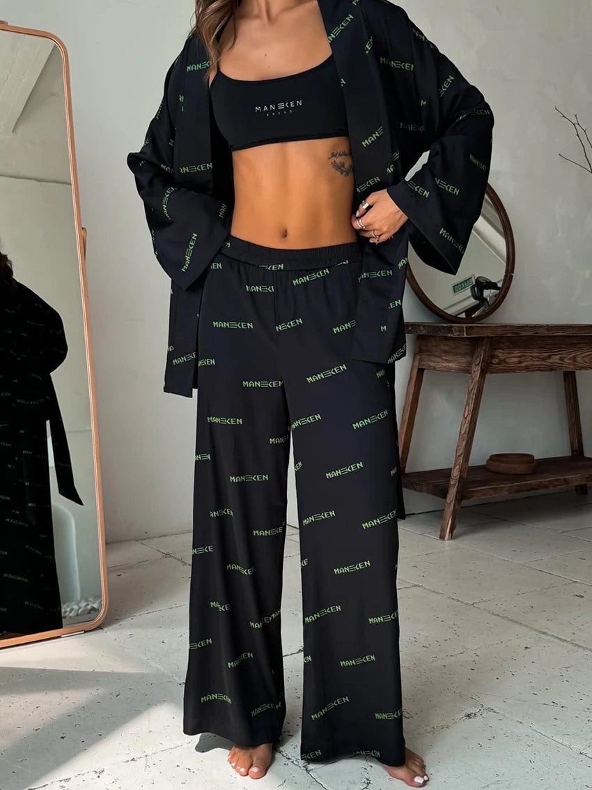 Pyjama Femme Imprimé – Ensemble 2 Pièces Col V & Pantalon Large