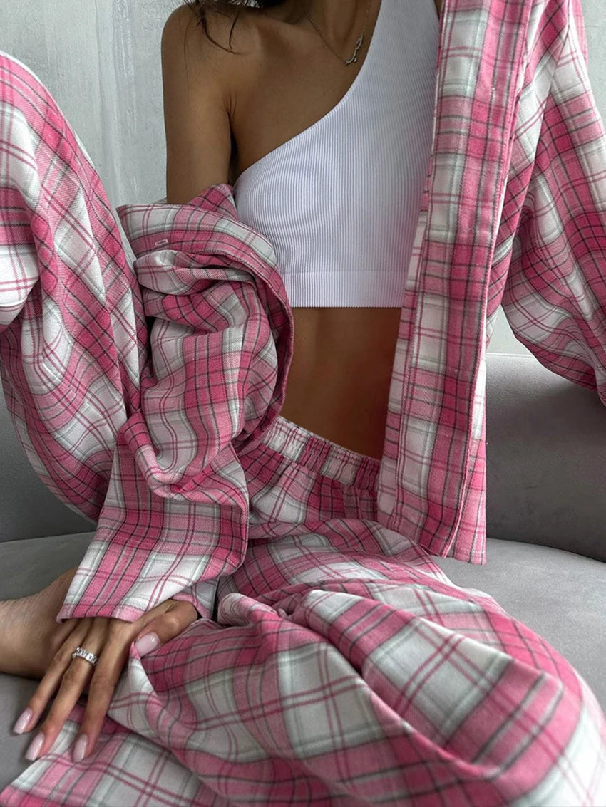 Pyjama Femme Carreaux Rose – Ensemble Hiver à Carreaux Coton & Polyester