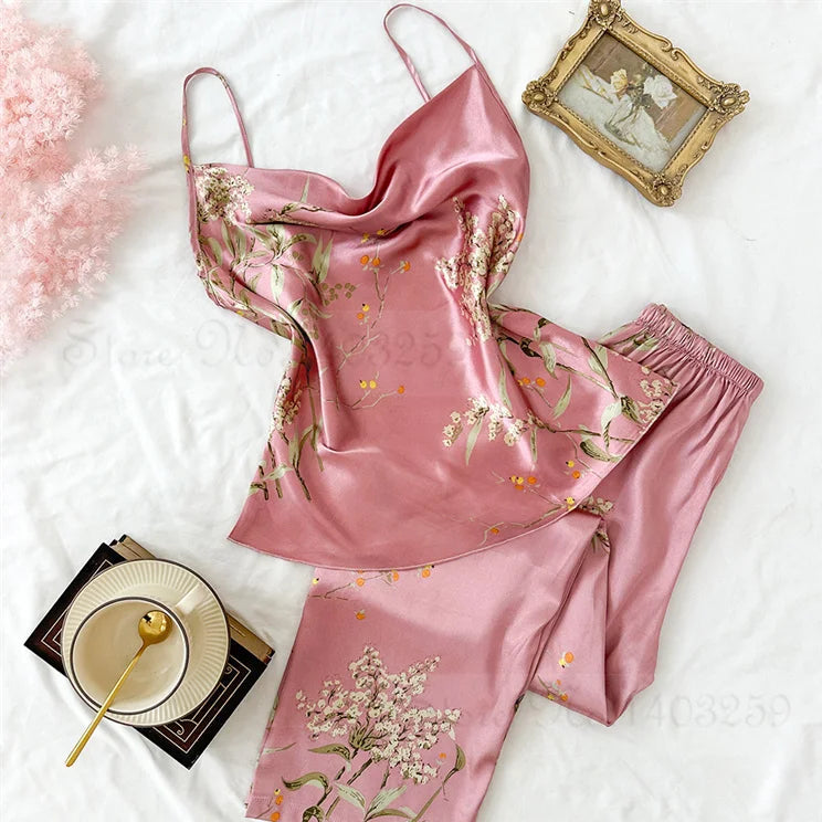 Ensemble Pyjama en Satin à Fleurs