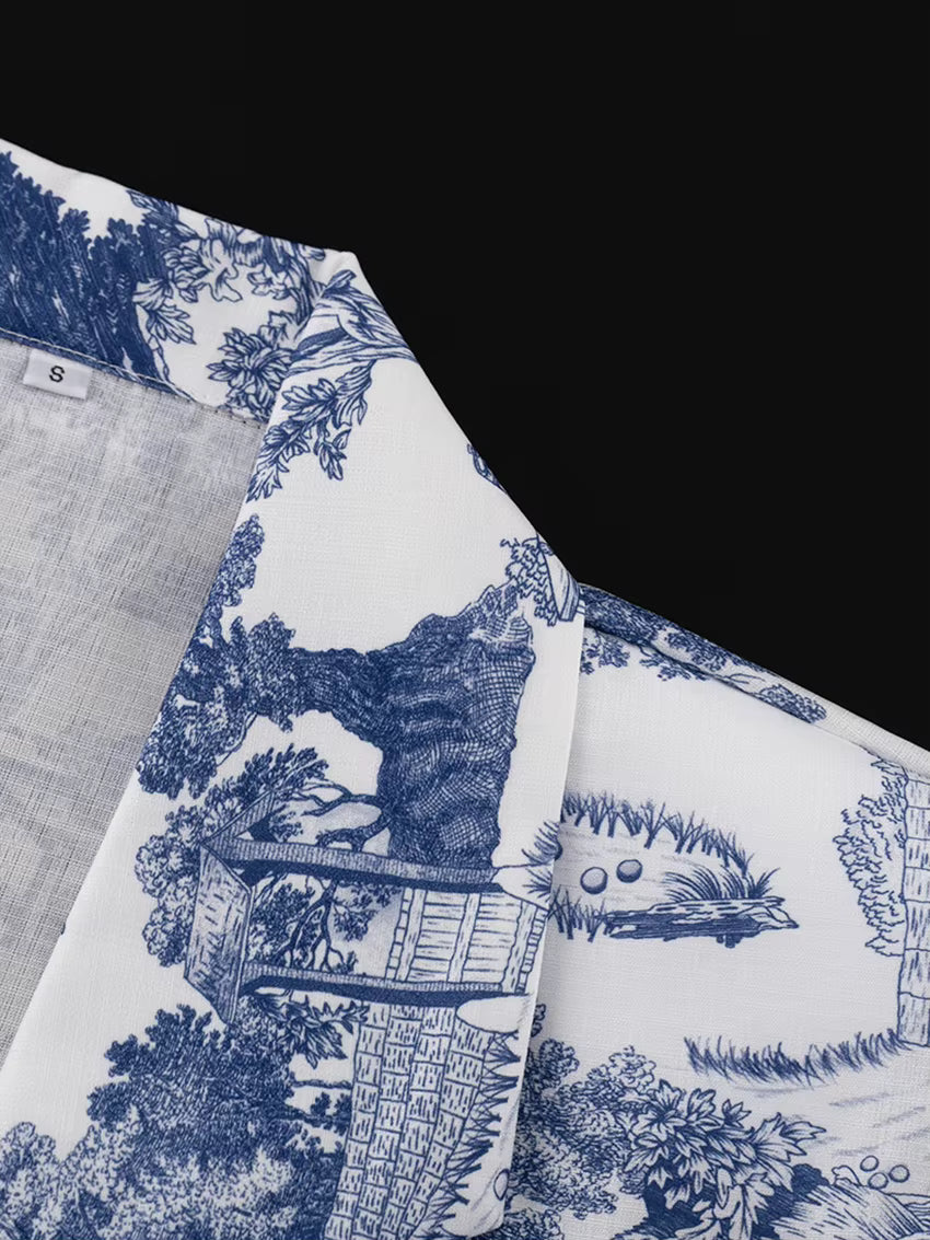 Ensemble Pyjama Femme Imprimé Bleu – Kimono à Revers & Short Fluide