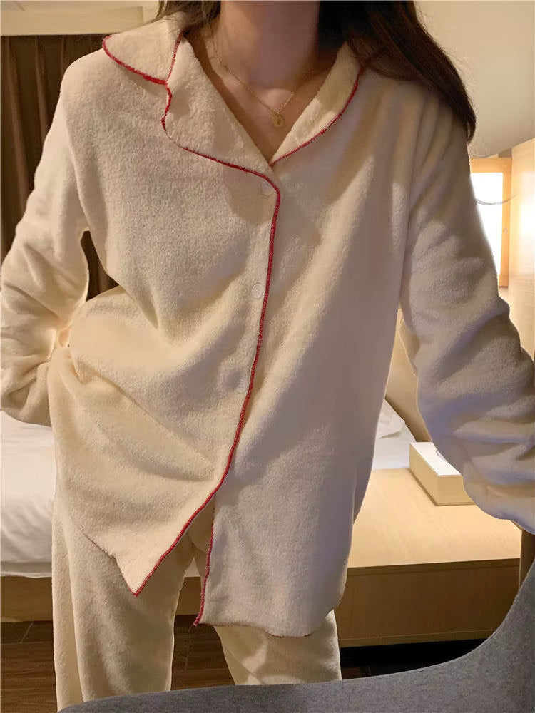 Pyjama Polaire Femme Hiver – Ensemble Épais à Col Chemise