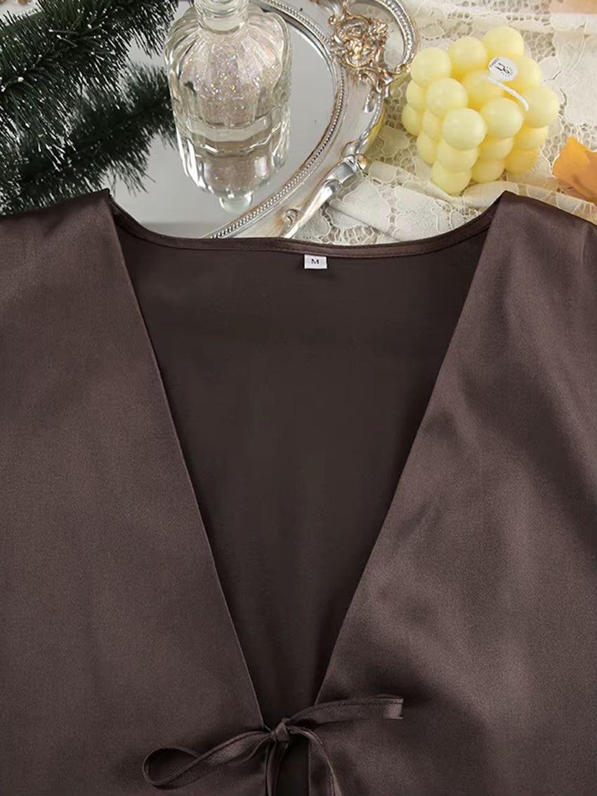 Ensemble Pyjama Femme Satiné Marron – Col V & Pantalon Fluide (Polyester Spandex)