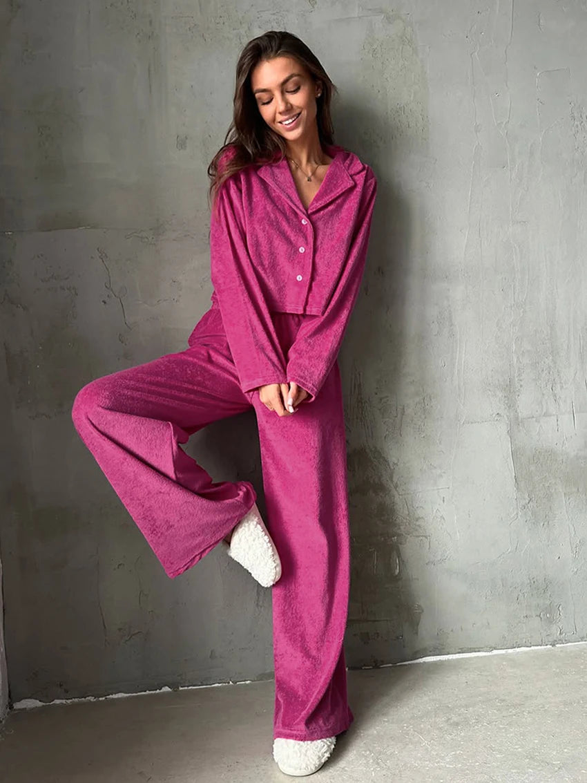 Ensemble Pyjama Femme – Chemise Boutonnée & Pantalon Fluide