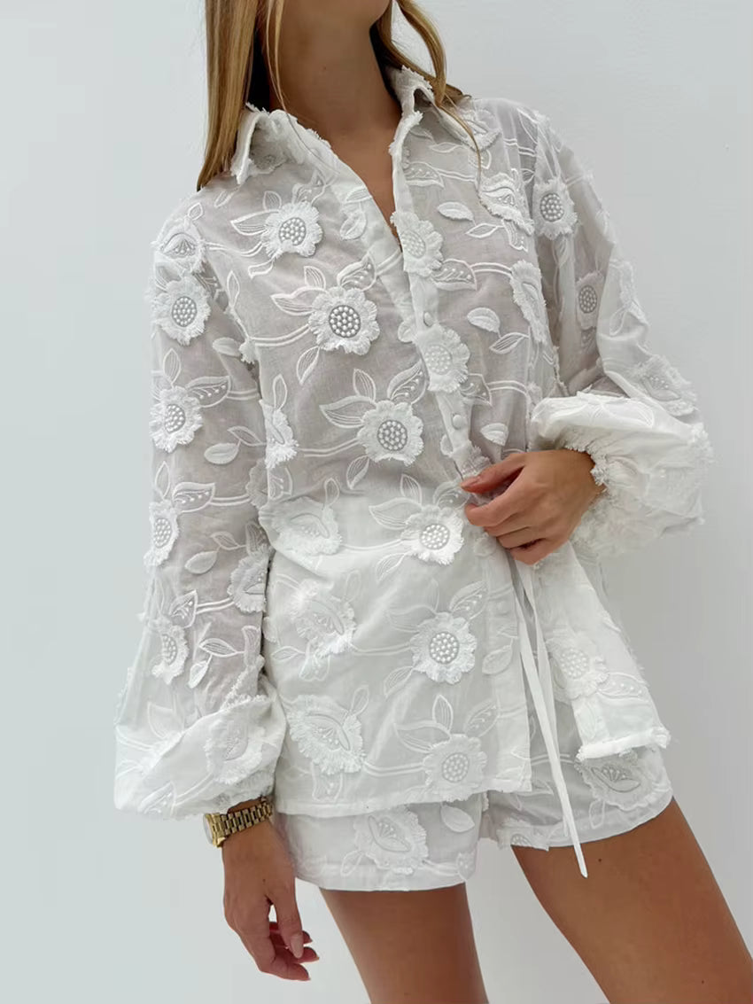 Pyjama Femme en Coton – Ensemble Chemise Boutonnée & Short Fluide
