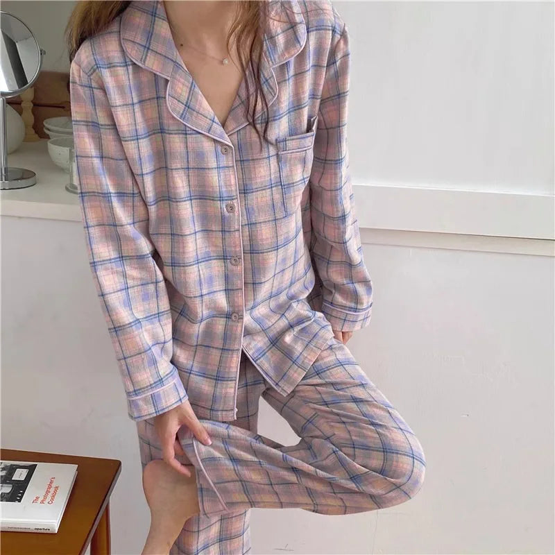 Ensemble Pyjama Femme Plaid – Veste Col Tailleur & Pantalon Long