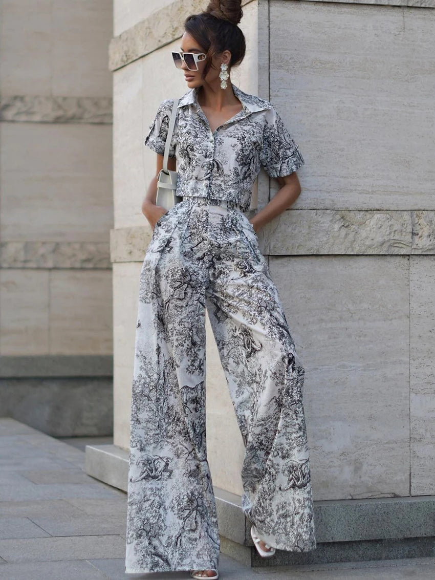 Ensemble Pyjama Femme Imprimé Bleu/Gris – Chemise & Pantalon Fluide