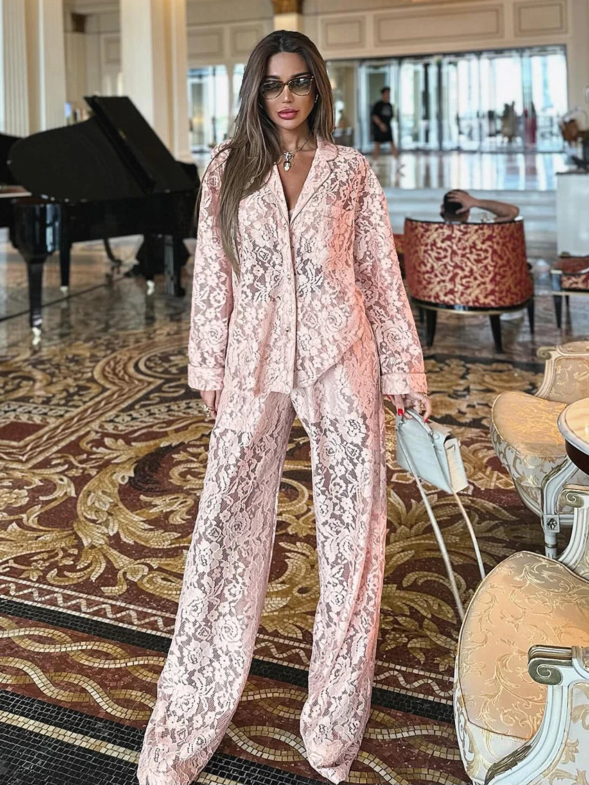 Pyjama Femme Brocart Chic – Ensemble 2 Pièces Col Rabattu & Pantalon Large