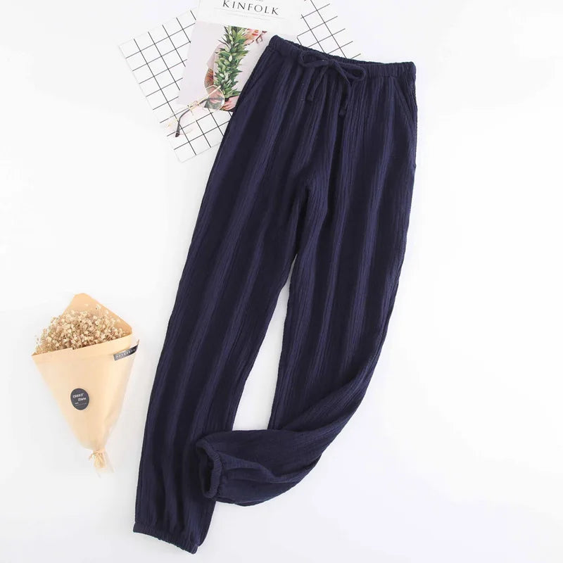 Pantalon Pyjama Femme Coton Crêpe – Taille à Cordon, Coupe Fluide