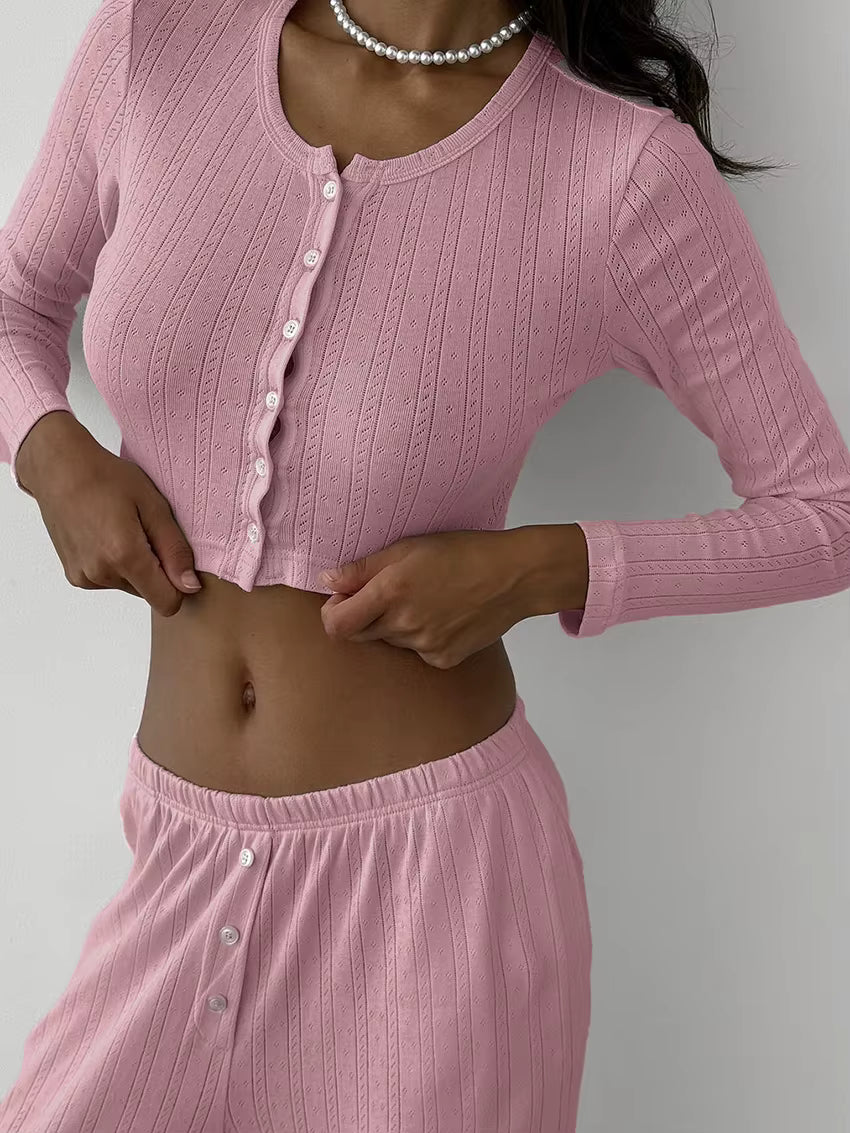 Pyjama Femme Manches Longues – Ensemble Pantalon Fluide Coton Polyester