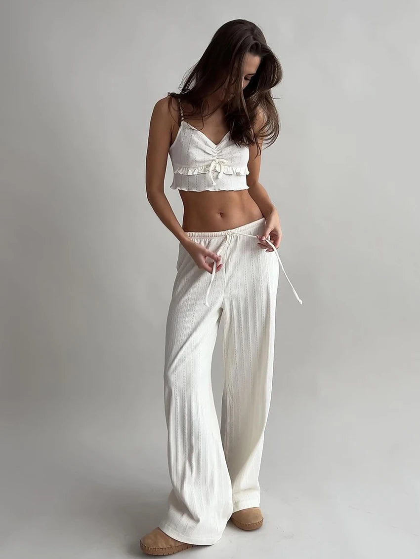 Pyjama Femme Bretelles Spaghetti – Ensemble Crop Top & Pantalon Fluide