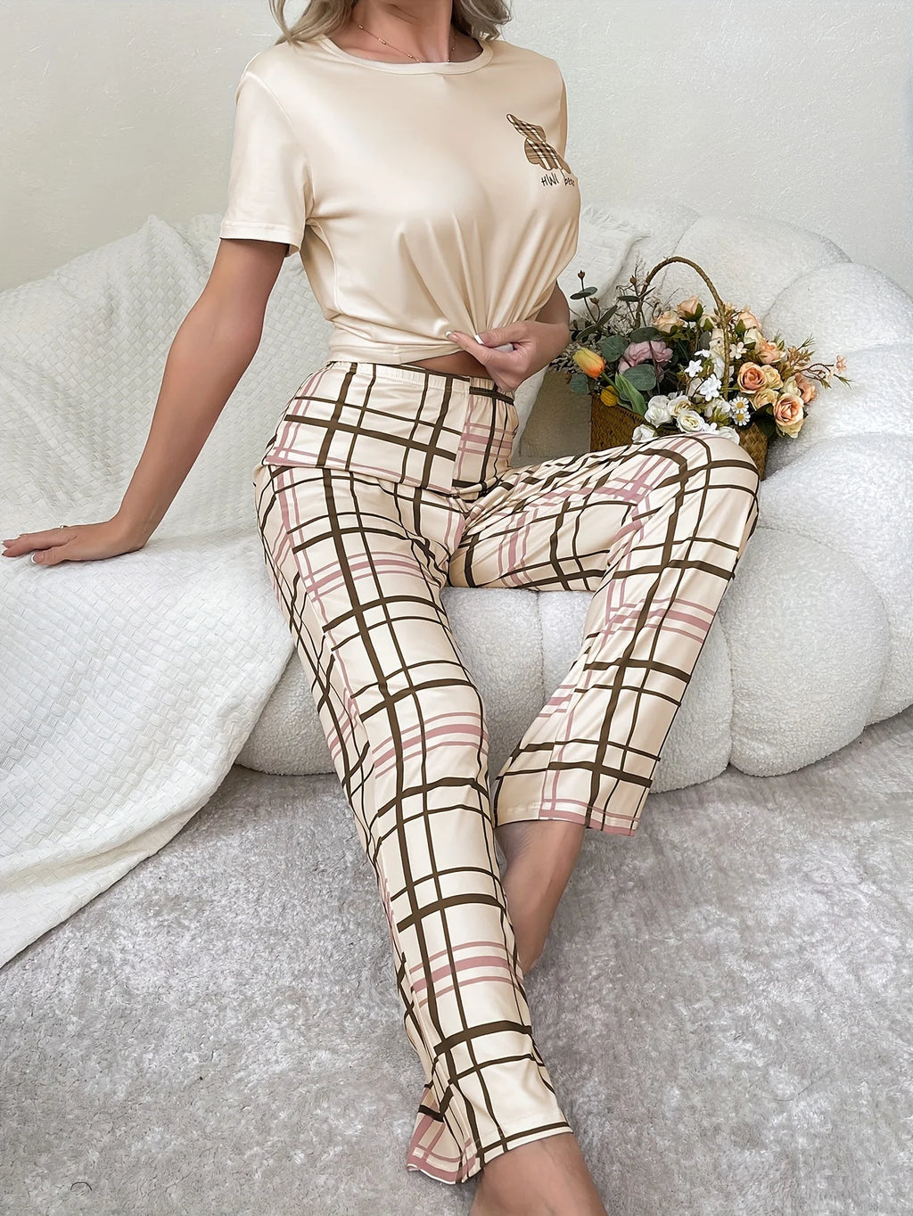 Pyjama Femme Carreaux – Ensemble Col Rond & Pantalon Cheville