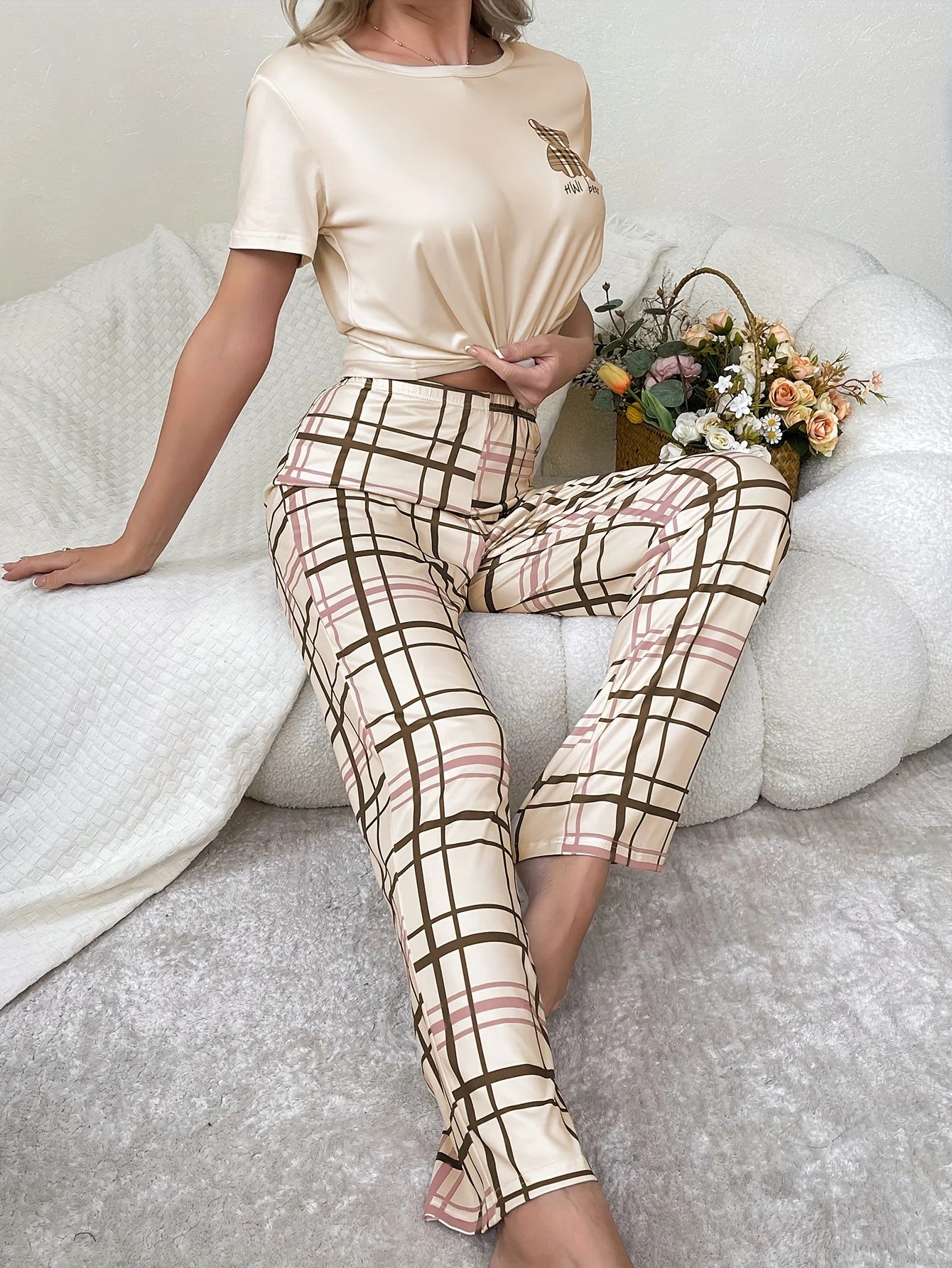 Pyjama Femme Carreaux – Ensemble Col Rond & Pantalon Cheville