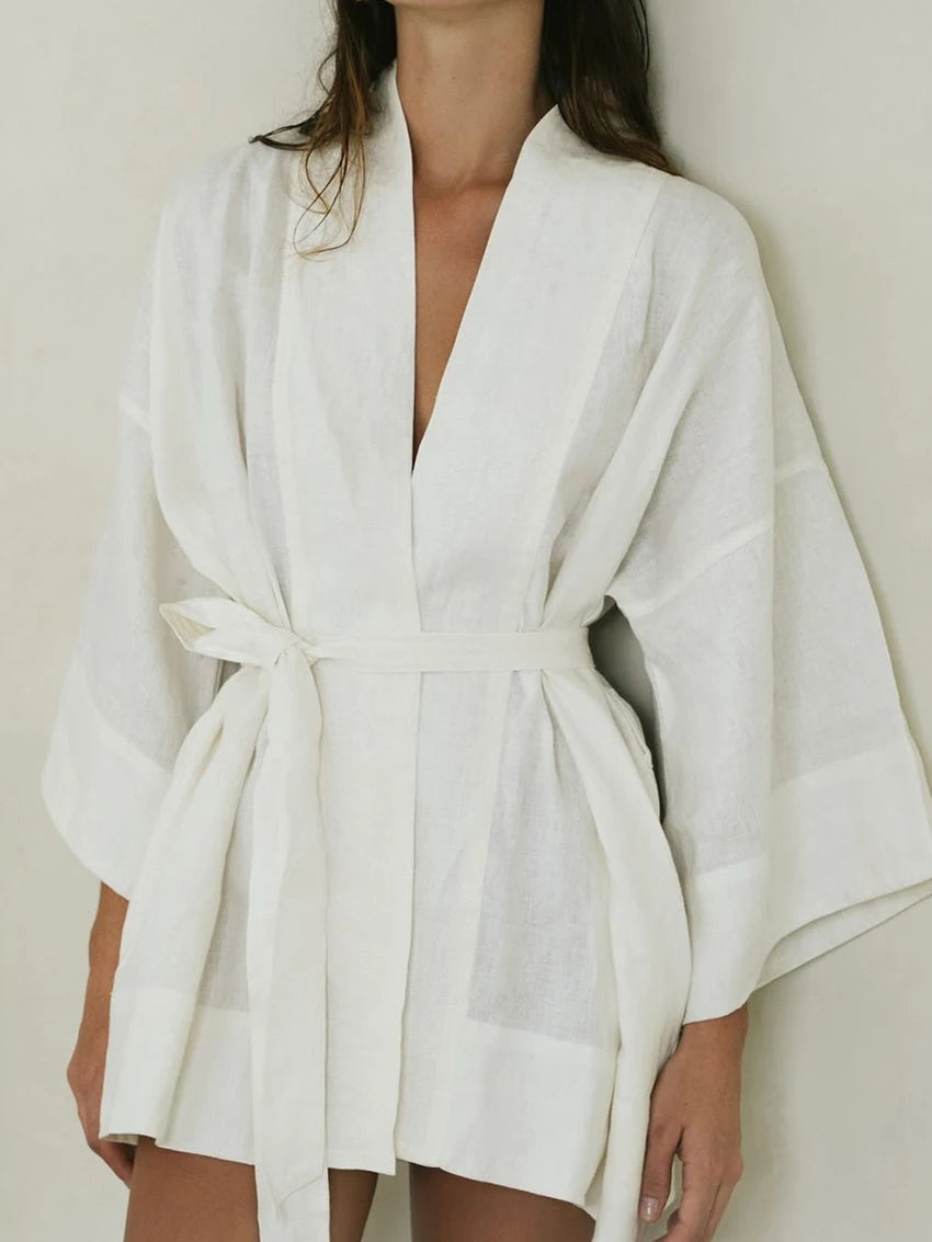 Pyjama Femme Coton – Ceinturé, Manches Longues & Coupe Courte