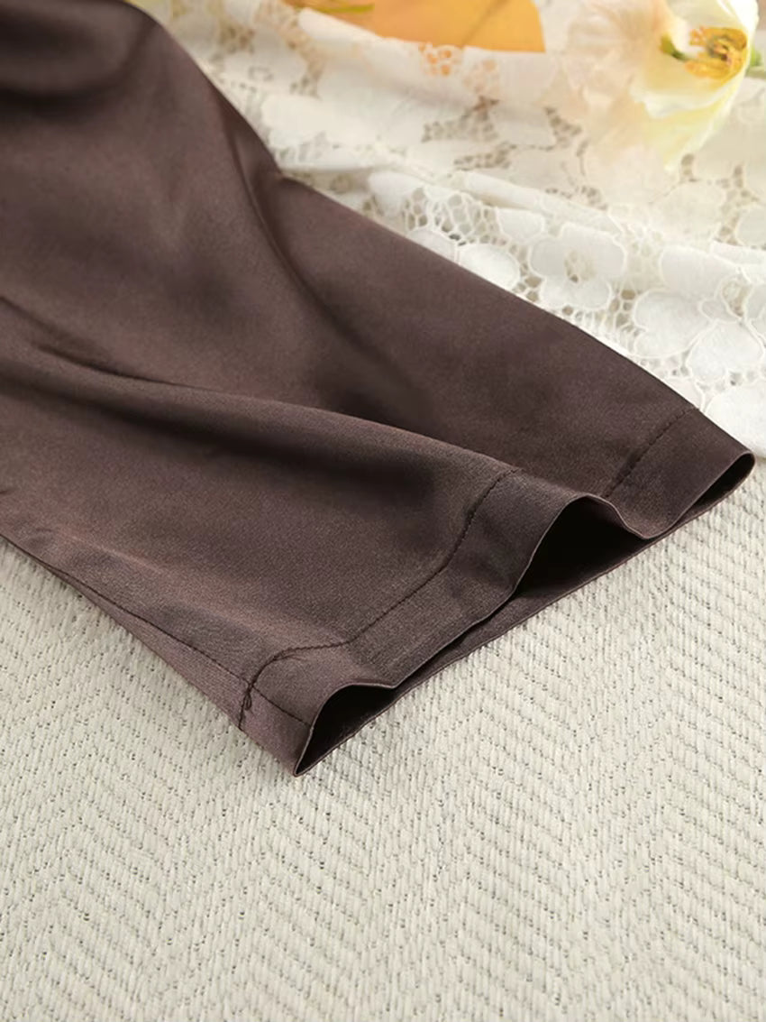 Ensemble Pyjama Femme Satiné Marron – Col V & Pantalon Fluide (Polyester Spandex)