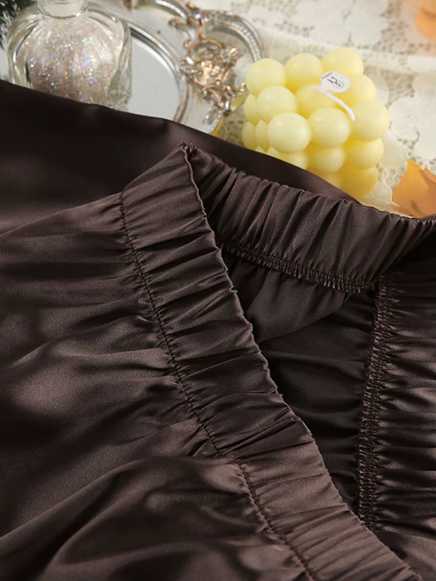 Ensemble Pyjama Femme Satiné Marron – Col V & Pantalon Fluide (Polyester Spandex)