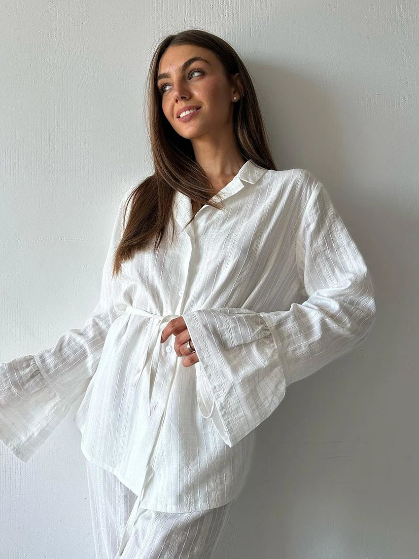 Ensemble Pyjama Femme Coton – Chemise Col Revers & Pantalon Ample