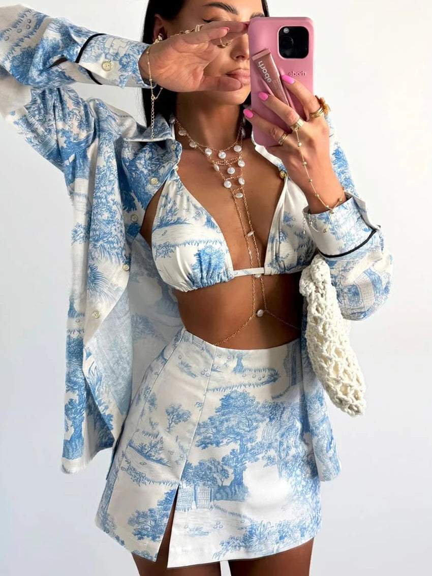 Ensemble Pyjama Femme Imprimé Bleu – Chemise, Top Triangle & Short 3 Pièces