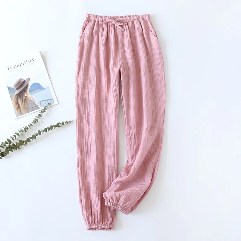 Pantalon Pyjama Femme Coton Crêpe – Taille à Cordon, Coupe Fluide
