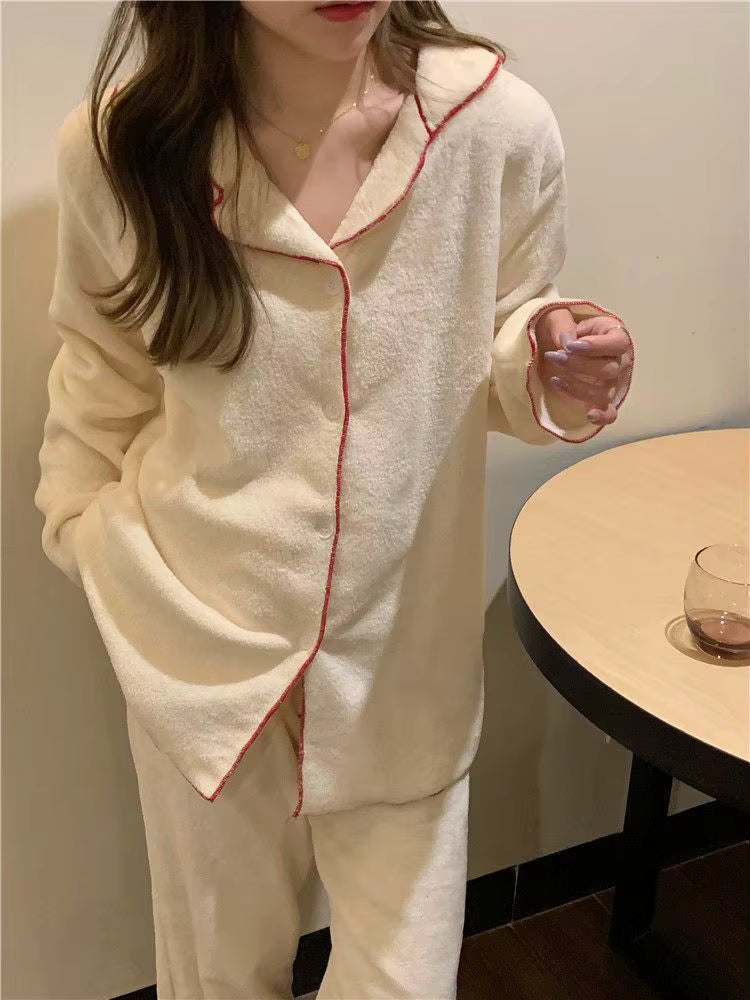 Pyjama Polaire Femme Hiver – Ensemble Épais à Col Chemise
