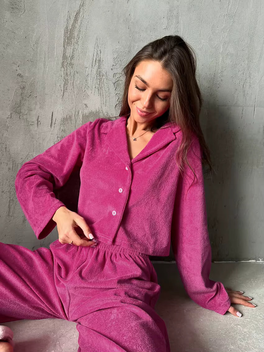 Ensemble Pyjama Femme – Chemise Boutonnée & Pantalon Fluide