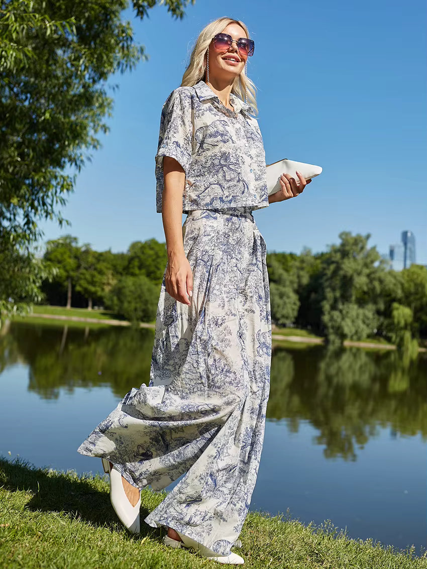 Ensemble Pyjama Femme Imprimé Bleu/Gris – Chemise & Pantalon Fluide