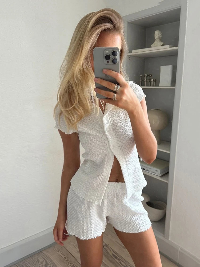 Ensemble Pyjama Femme Blanc – Chemise Col Classique & Short Fluide
