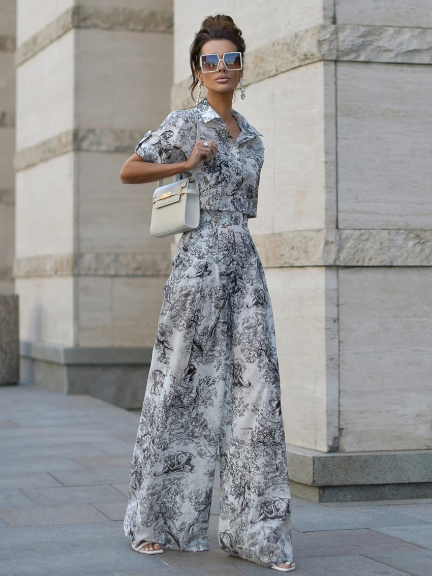 Ensemble Pyjama Femme Imprimé Bleu/Gris – Chemise & Pantalon Fluide