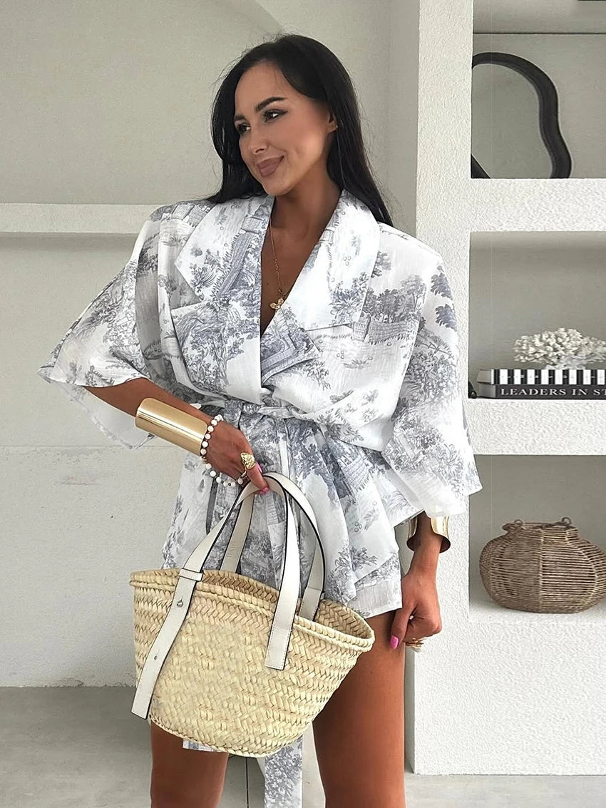 Ensemble Pyjama Femme Imprimé Bleu – Kimono à Revers & Short Fluide