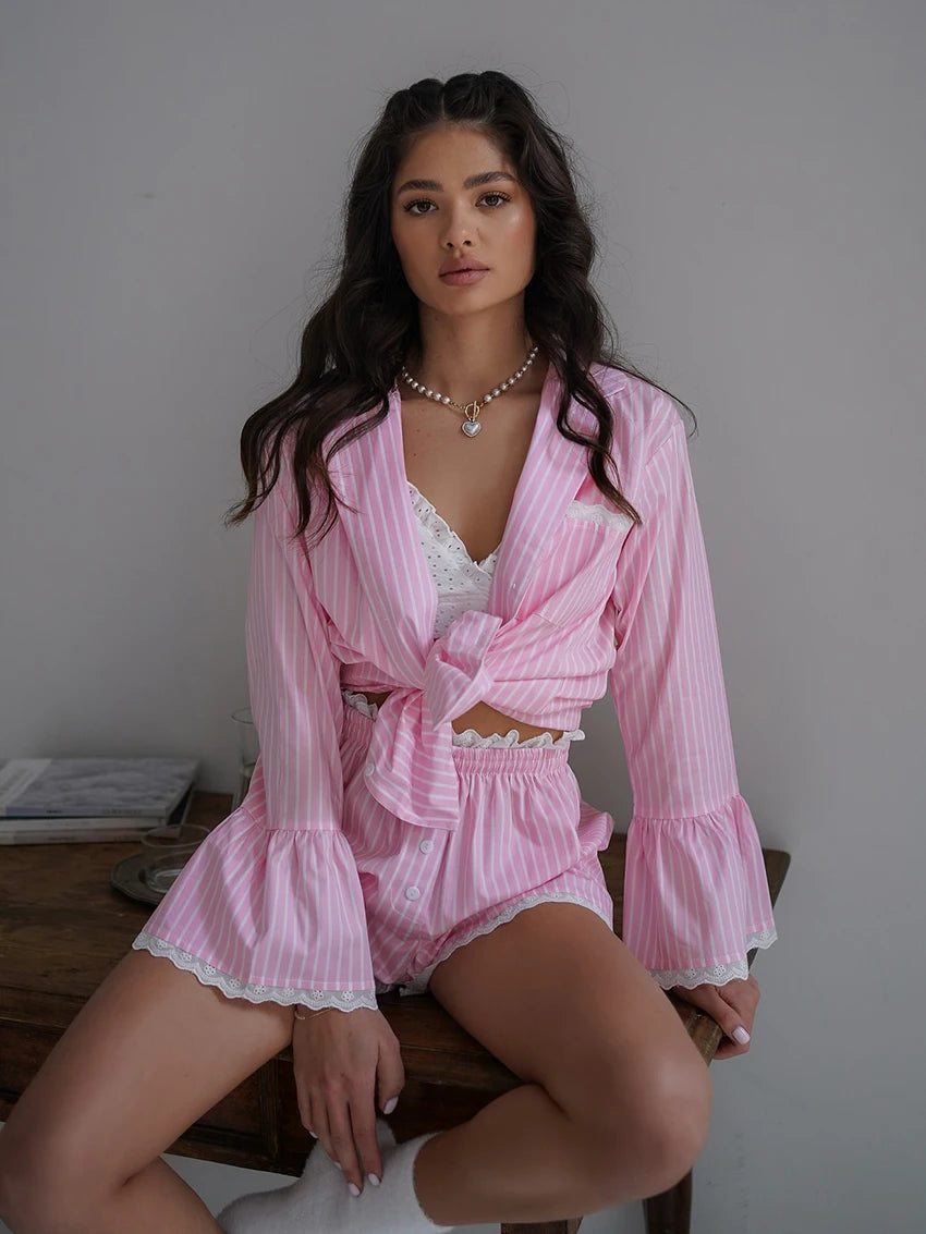 Pyjama Femme Rayé Rose – Ensemble 3 Pièces Été en Coton & Polyester