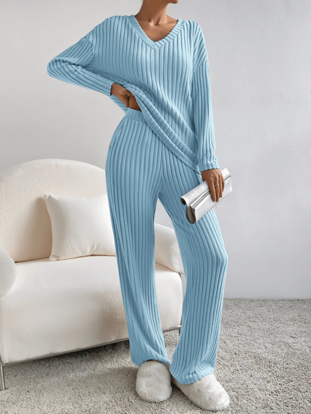 Ensemble Pyjama Femme Col V – Manches Longues & Pantalon Long