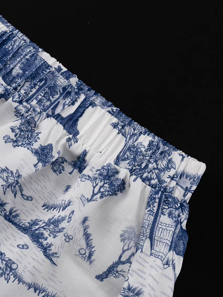 Ensemble Pyjama Femme Imprimé Bleu – Kimono à Revers & Short Fluide