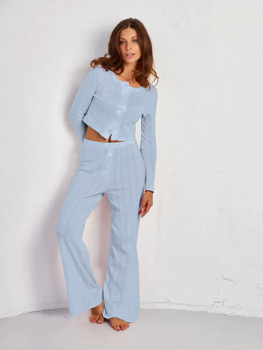 Ensemble Pyjama Femme Uni – Haut Manches Longues & Pantalon Fluide