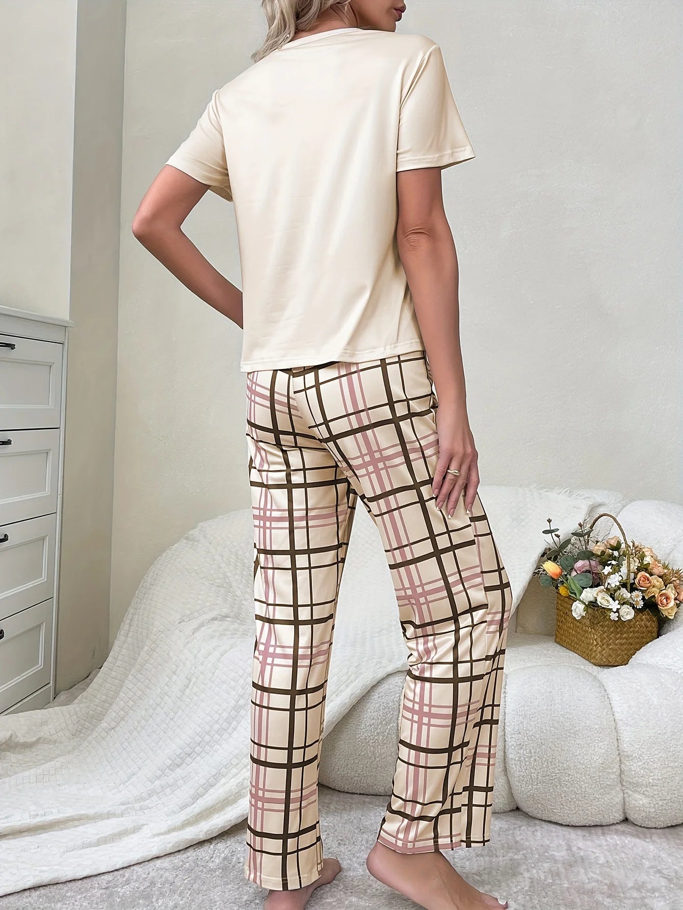 Pyjama Femme Carreaux – Ensemble Col Rond & Pantalon Cheville