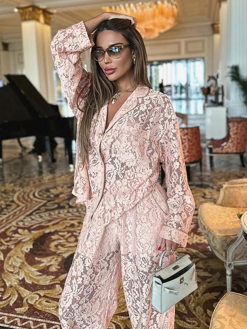 Pyjama Femme Brocart Chic – Ensemble 2 Pièces Col Rabattu & Pantalon Large