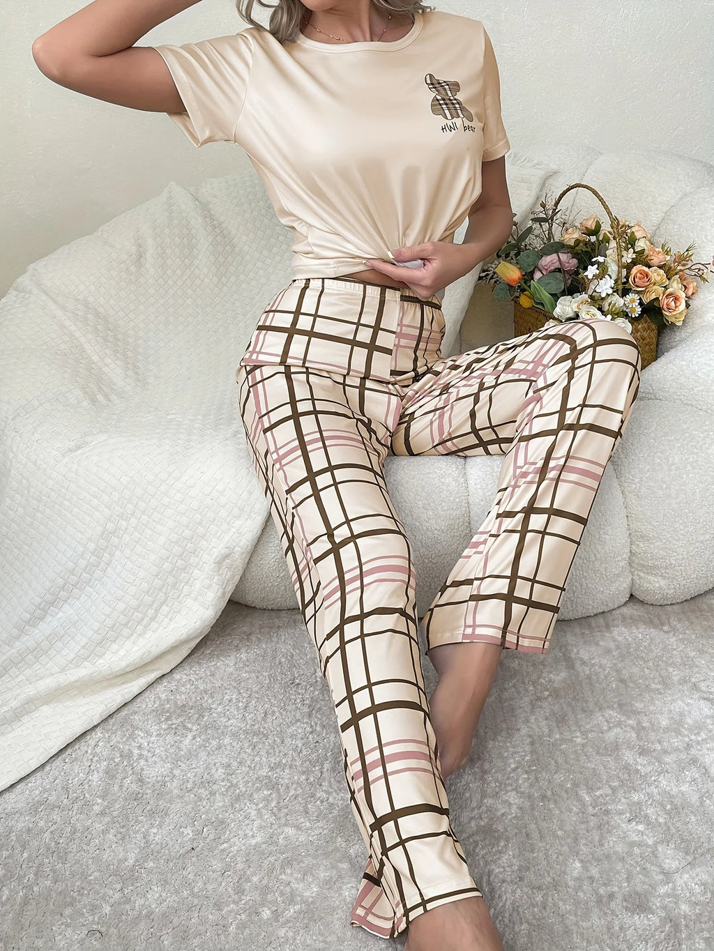 Pyjama Femme Carreaux – Ensemble Col Rond & Pantalon Cheville